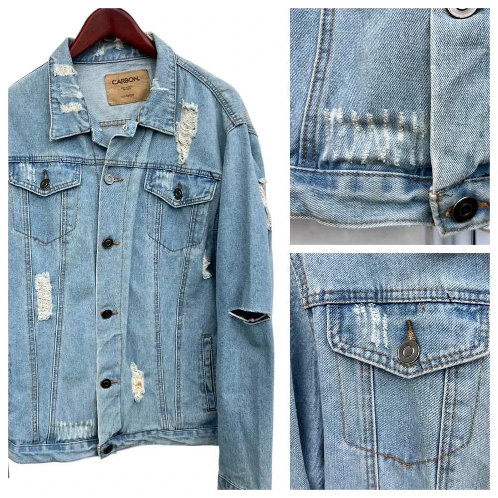 Carbon 2 Cobalt Distressed Denim Jean Jacket Men XXL‎ Trucker Blue Grunge Rugged